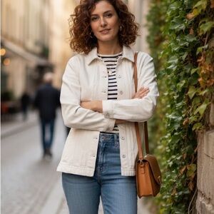 Favorite Daughter Cinched Waist Jacket White Stretch Denim
